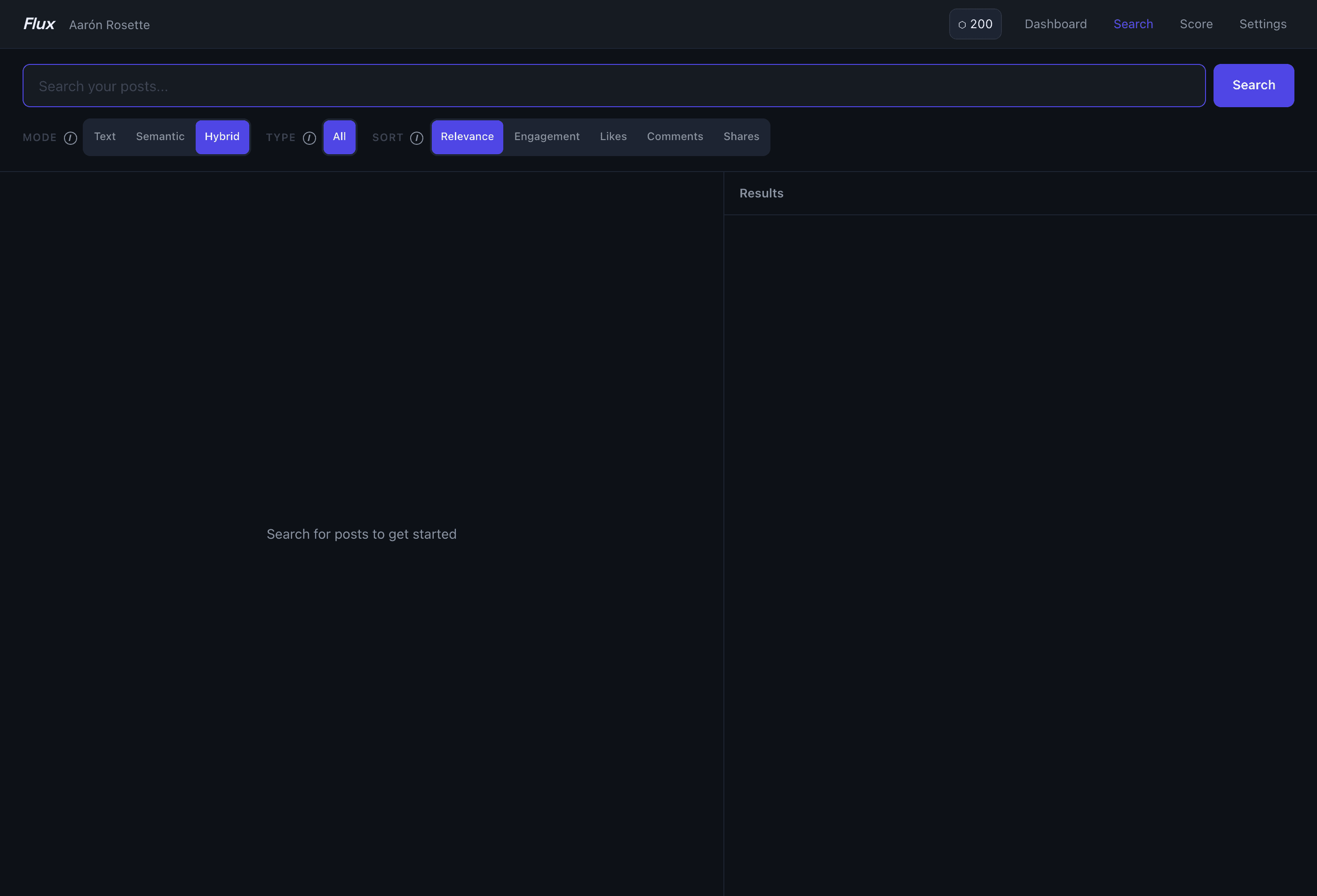 Explore search page with search bar, mode pills for Text, Semantic, and Hybrid search, type filter, sort options, and split-pane results view
