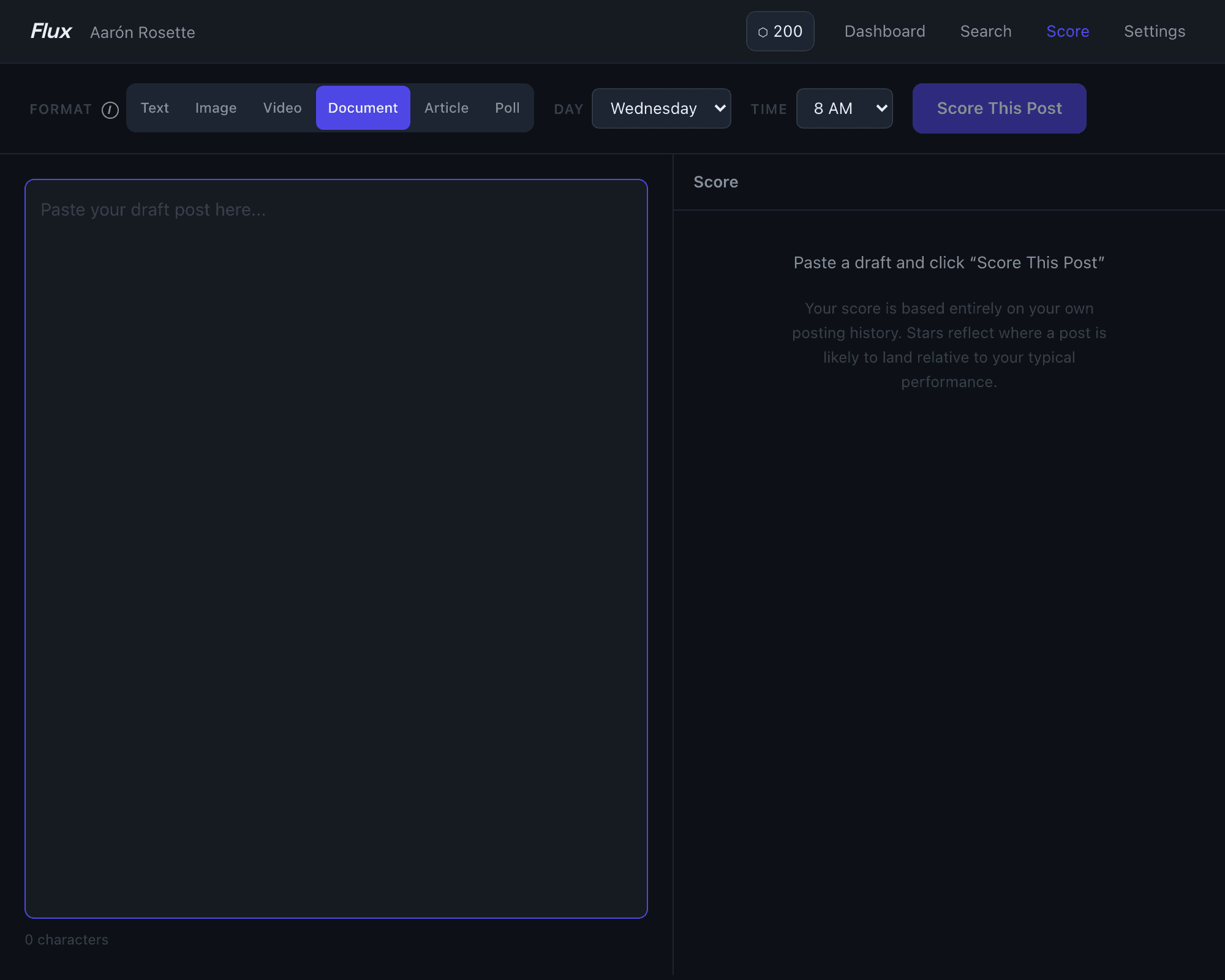 Score My Post page with draft compose area, format pills, day and time selectors, and score results panel