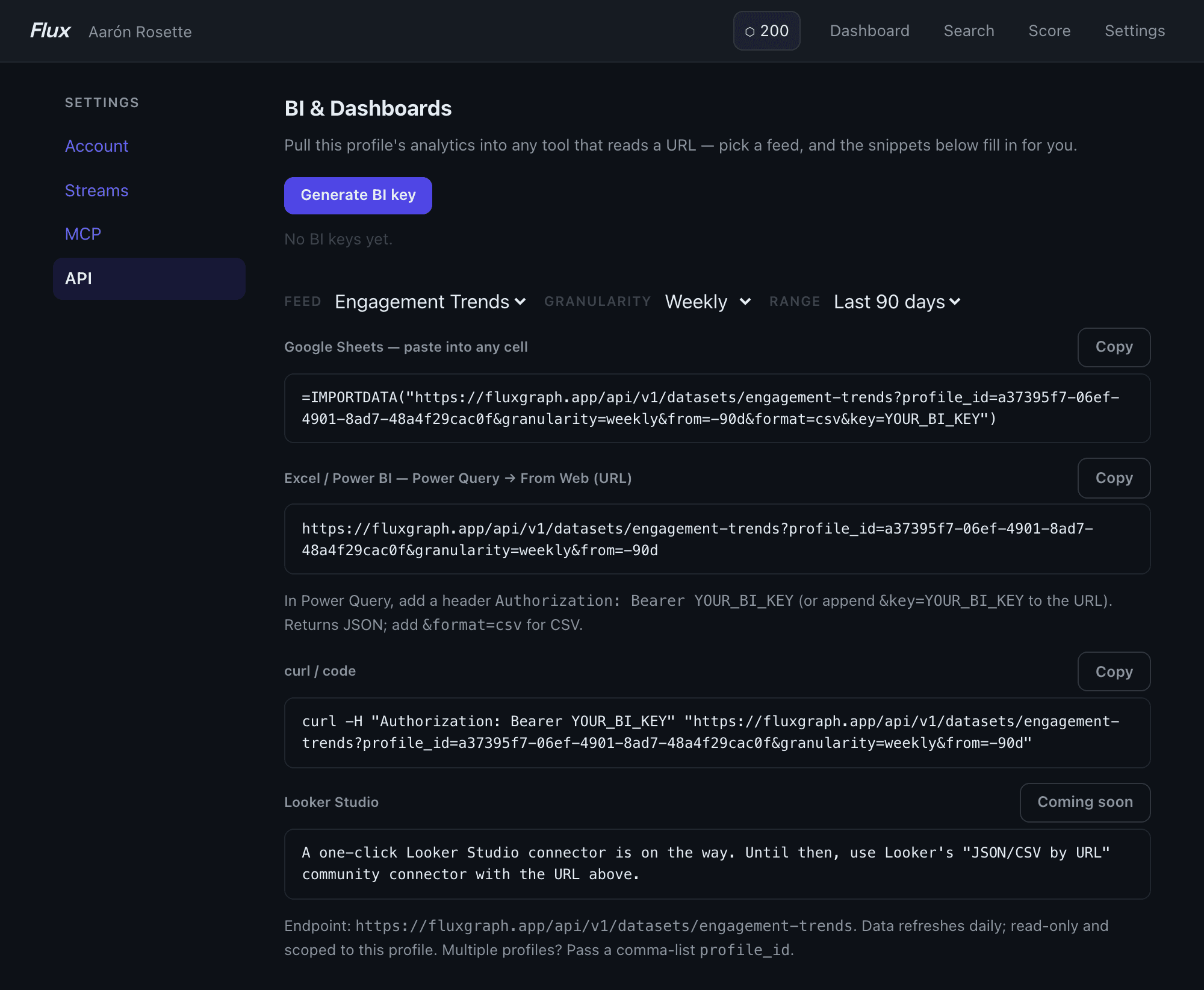 Settings API page showing BI and Dashboards with feed selector, Generate BI Key button, and connection snippets for Google Sheets, Power BI, and curl