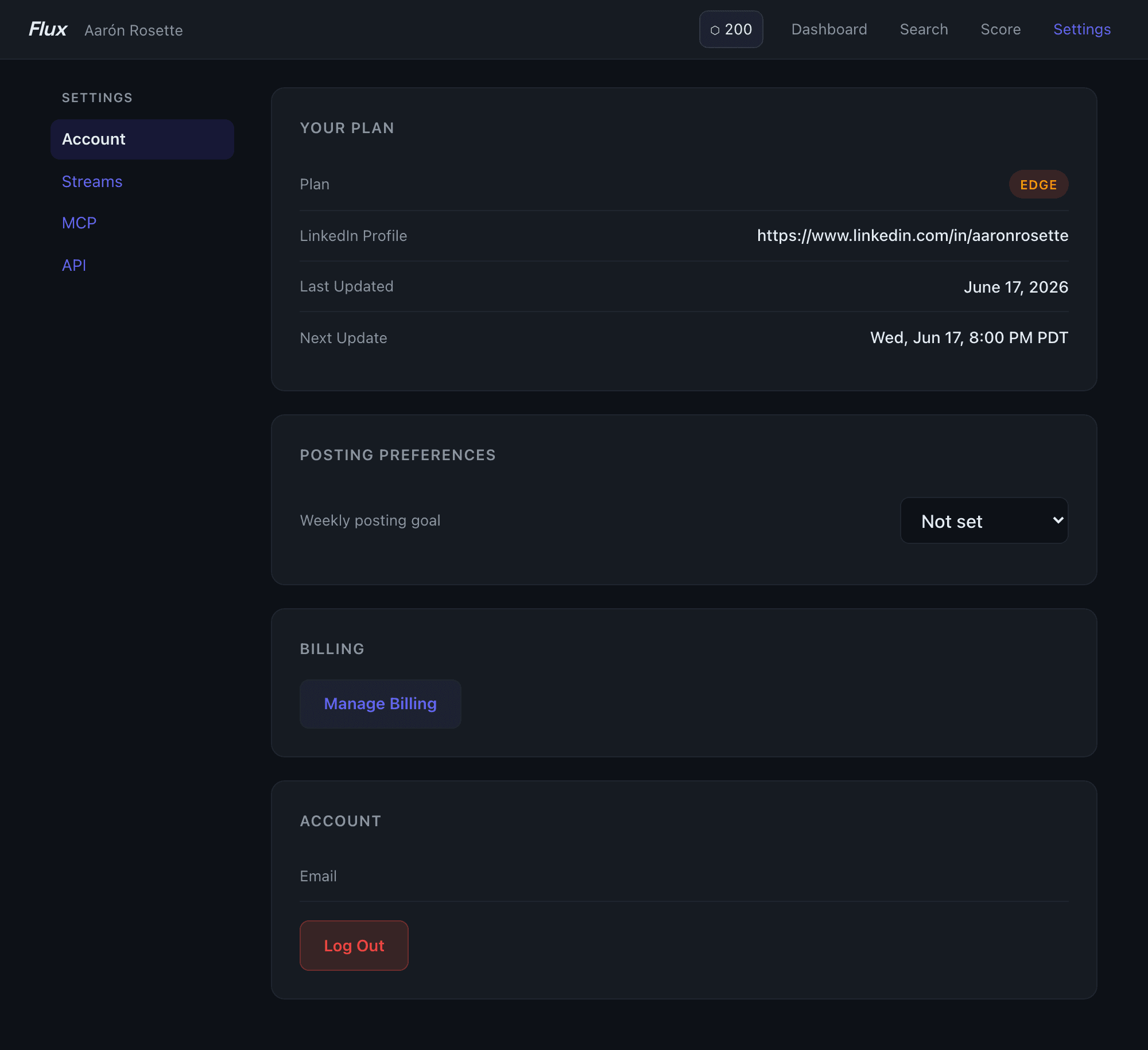 Settings page showing plan details, posting preferences, billing, and account sections